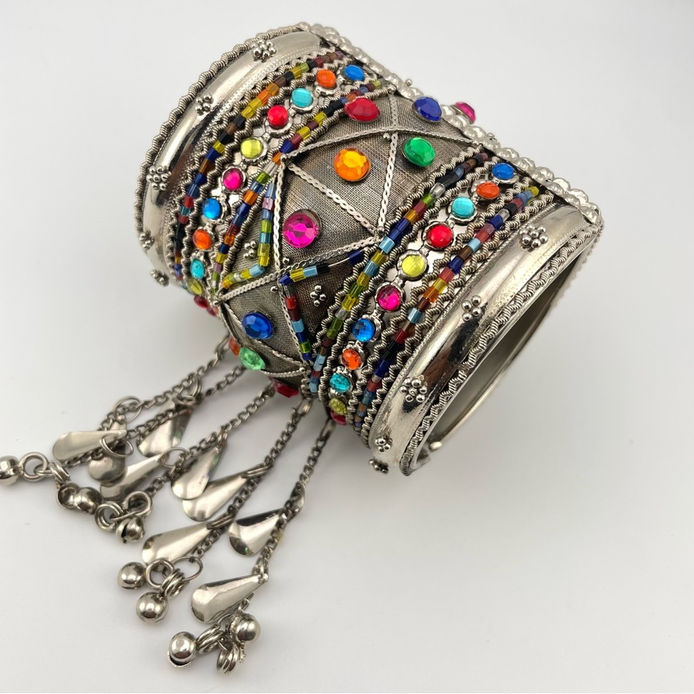 Tribal Statement Cuff Bracelet – Silver Tone w/ Colorful Gems & Dangles